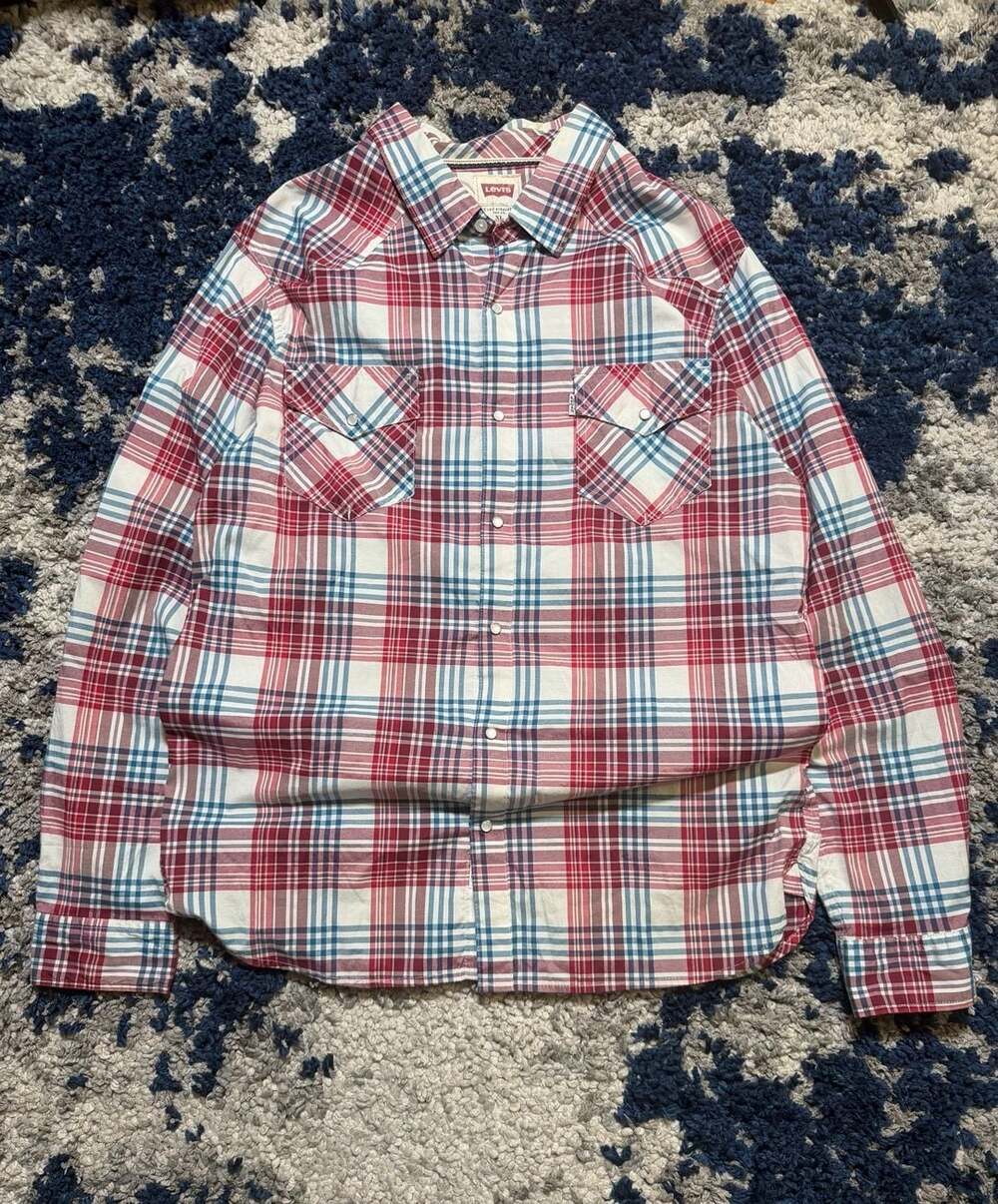 Levi's Plaid Western Shirt, Size XL, Red/White/Blue Checkered Cotton